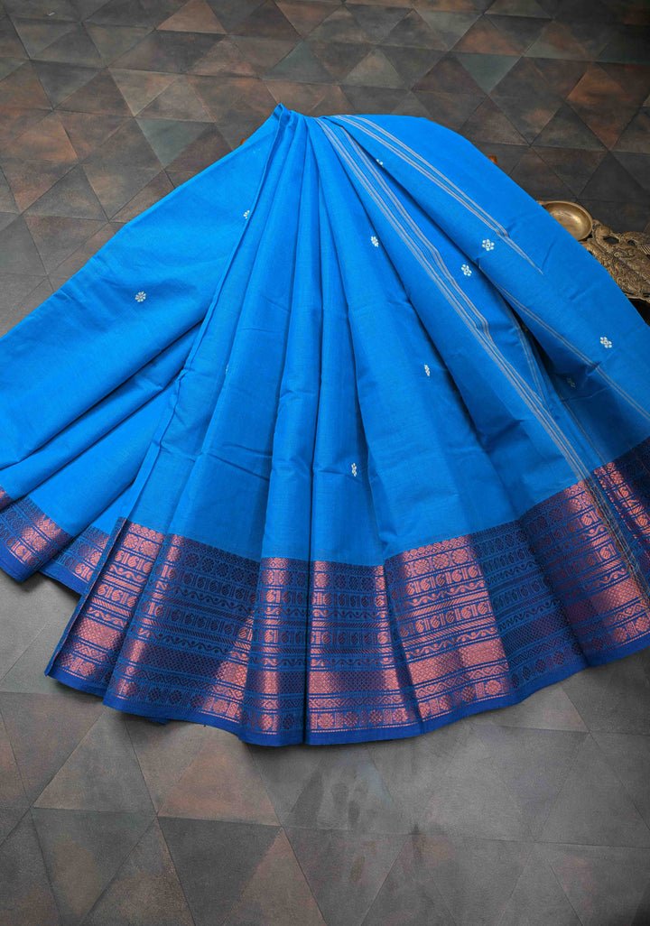 Cobalt Blue Kanchi Cotton Saree with Zari Buttas And Contrast Zari Border