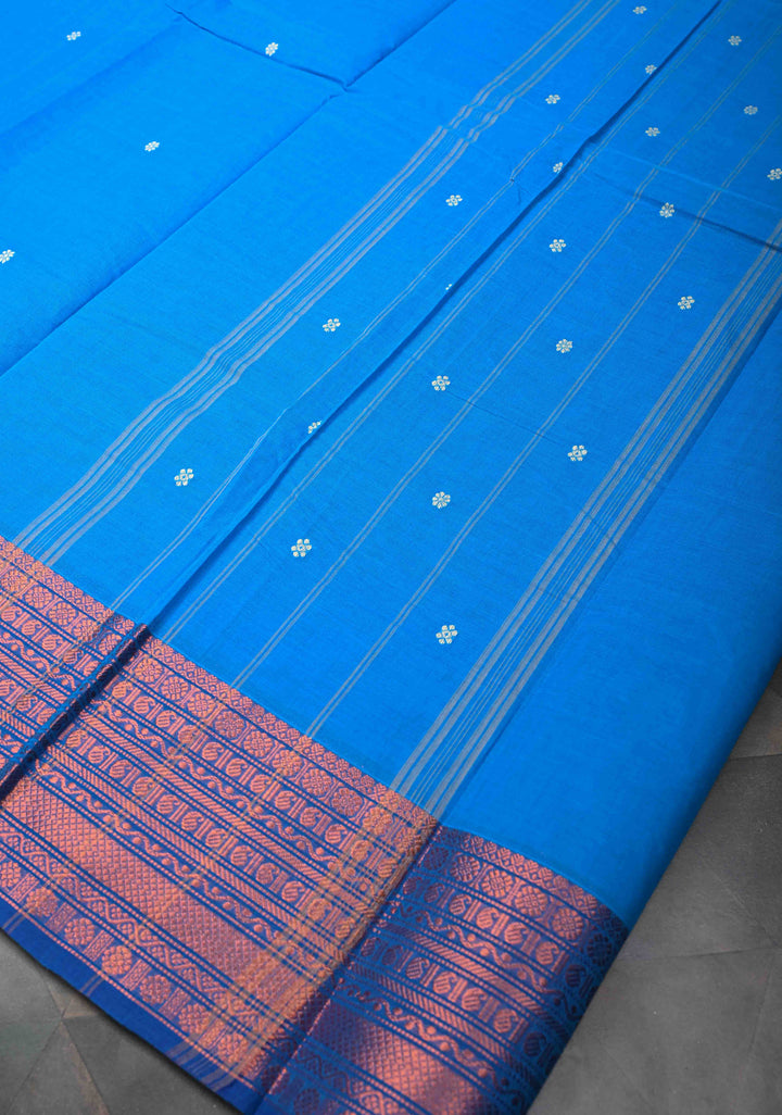 Cobalt Blue Kanchi Cotton Saree with Zari Buttas And Contrast Zari Border