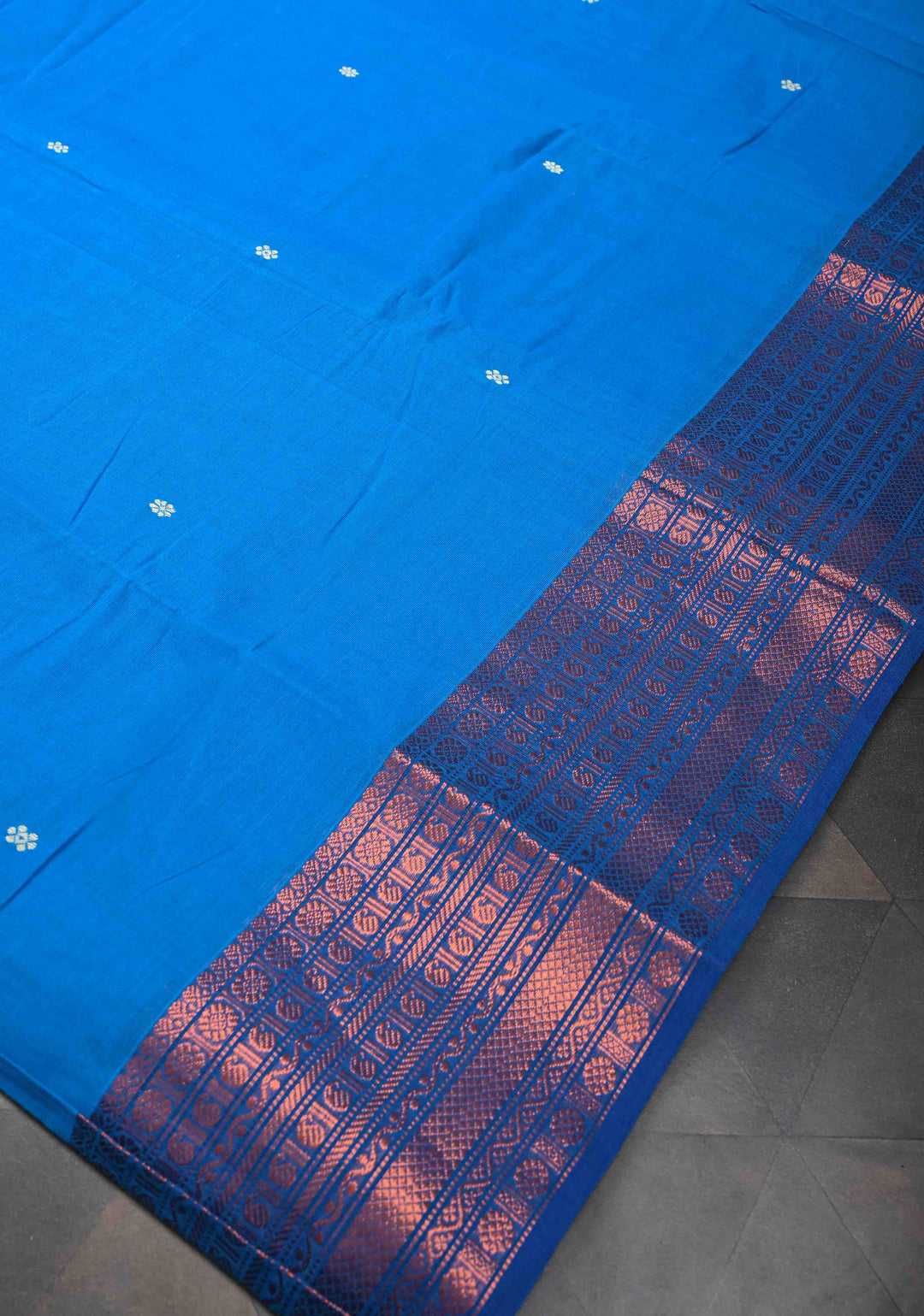 Cobalt Blue Kanchi Cotton Saree with Zari Buttas And Contrast Zari Border
