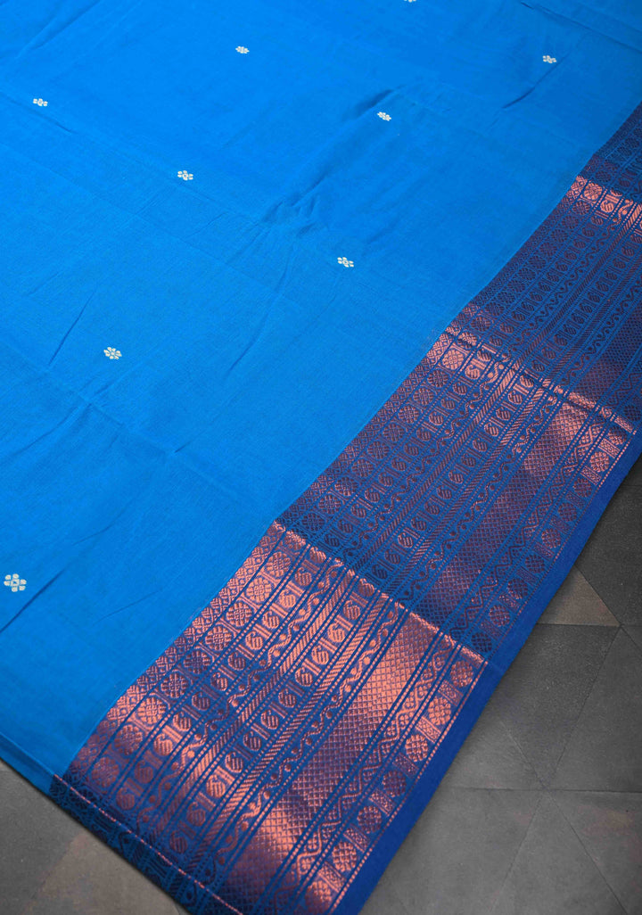 Cobalt Blue Kanchi Cotton Saree with Zari Buttas And Contrast Zari Border