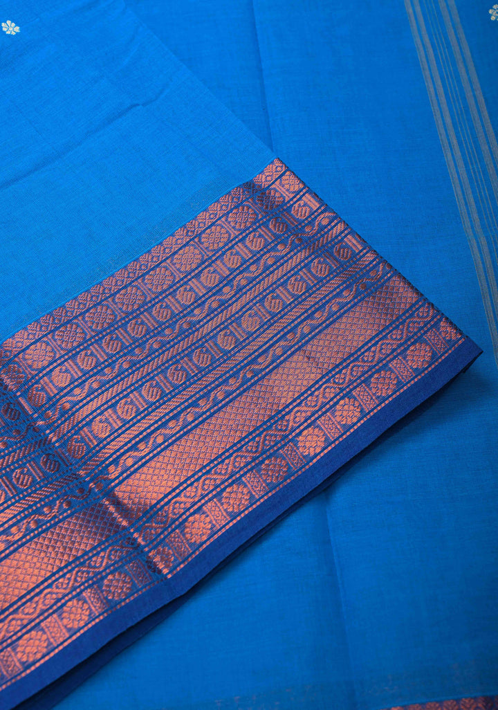 Cobalt Blue Kanchi Cotton Saree with Zari Buttas And Contrast Zari Border