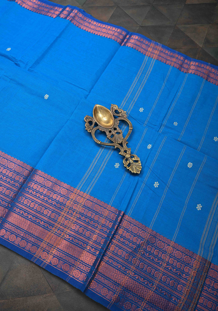 Cobalt Blue Kanchi Cotton Saree with Zari Buttas And Contrast Zari Border