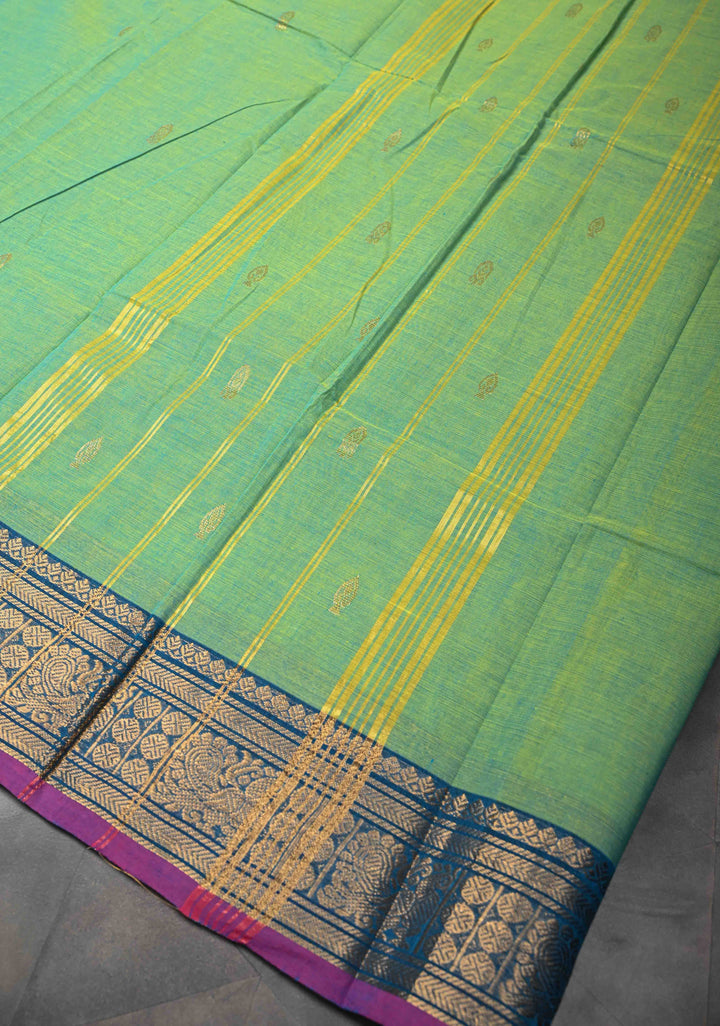 Green Dual tone Kanchi Cotton Saree with Zari Buttas and Contrast Zari Border, No Blouse piece