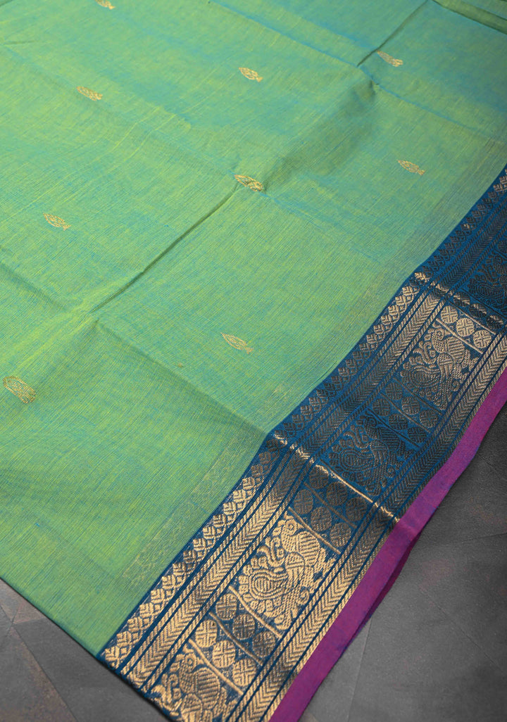 Green Dual tone Kanchi Cotton Saree with Zari Buttas and Contrast Zari Border, No Blouse piece