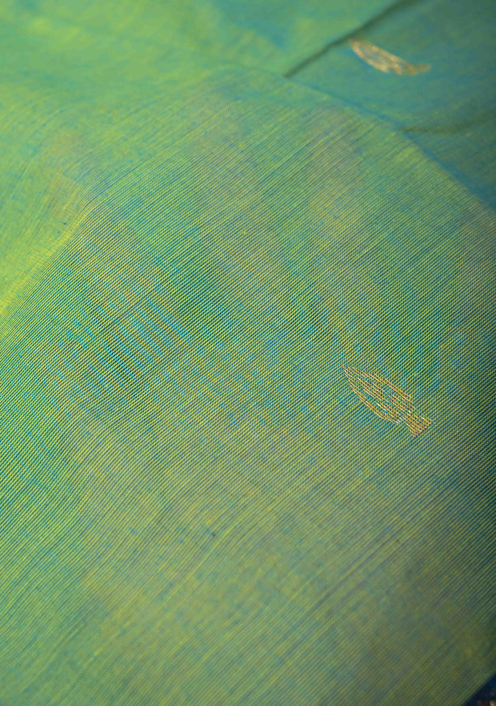 Green Dual tone Kanchi Cotton Saree with Zari Buttas and Contrast Zari Border, No Blouse piece