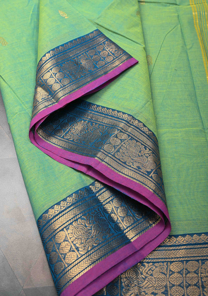 Green Dual tone Kanchi Cotton Saree with Zari Buttas and Contrast Zari Border, No Blouse piece