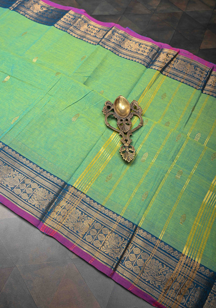 Green Dual tone Kanchi Cotton Saree with Zari Buttas and Contrast Zari Border, No Blouse piece