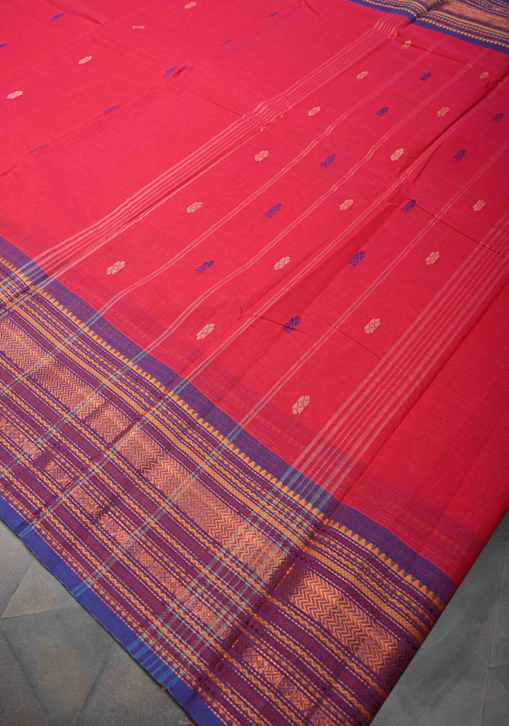 Red Kanchi Cotton Saree with resham butta and contrast zari border