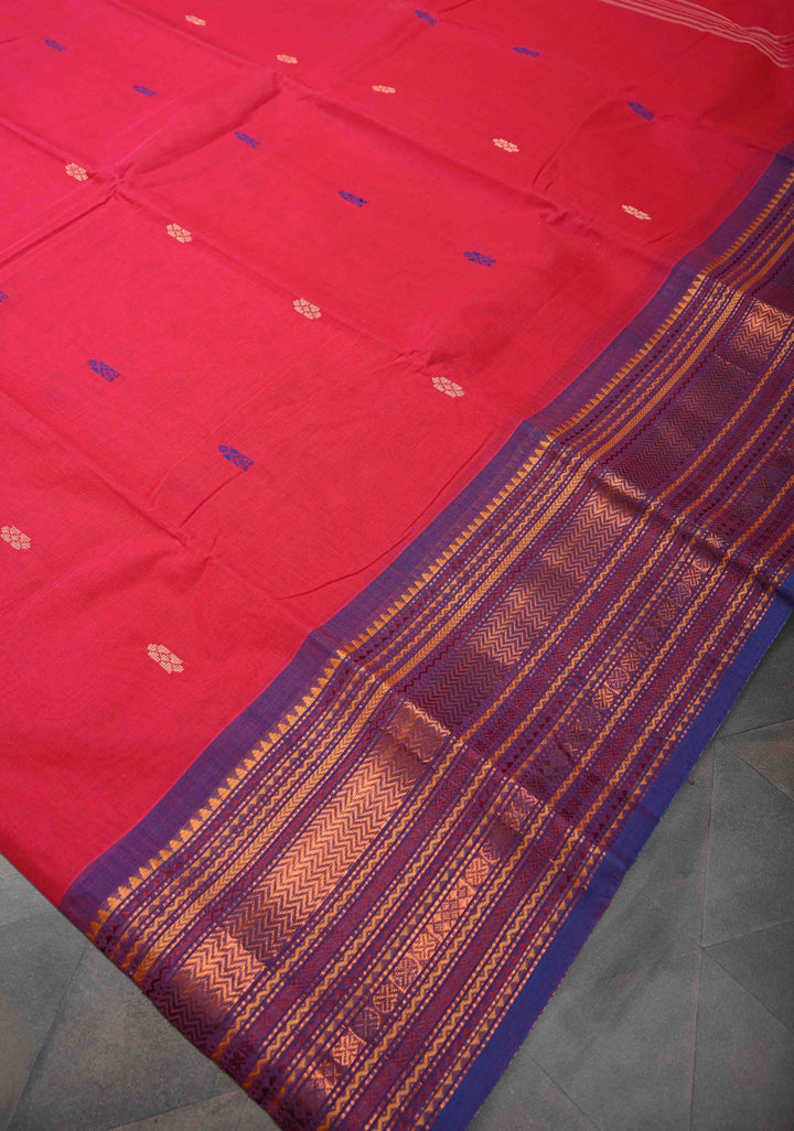 Red Kanchi Cotton Saree with resham butta and contrast zari border