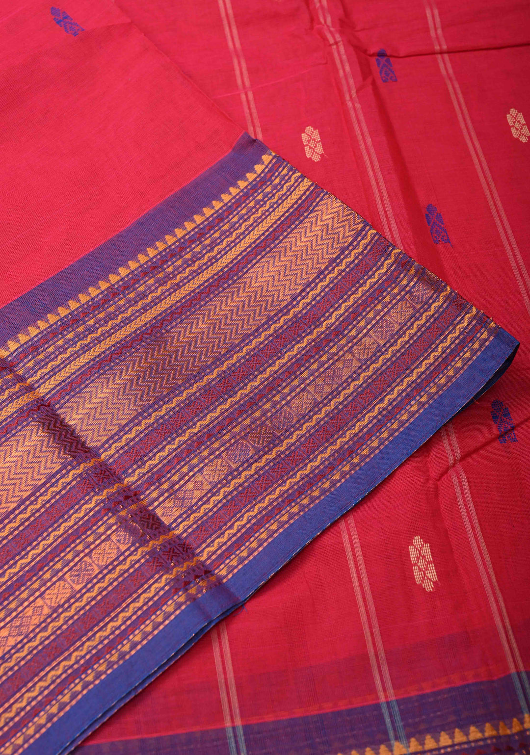 Red Kanchi Cotton Saree with resham butta and contrast zari border