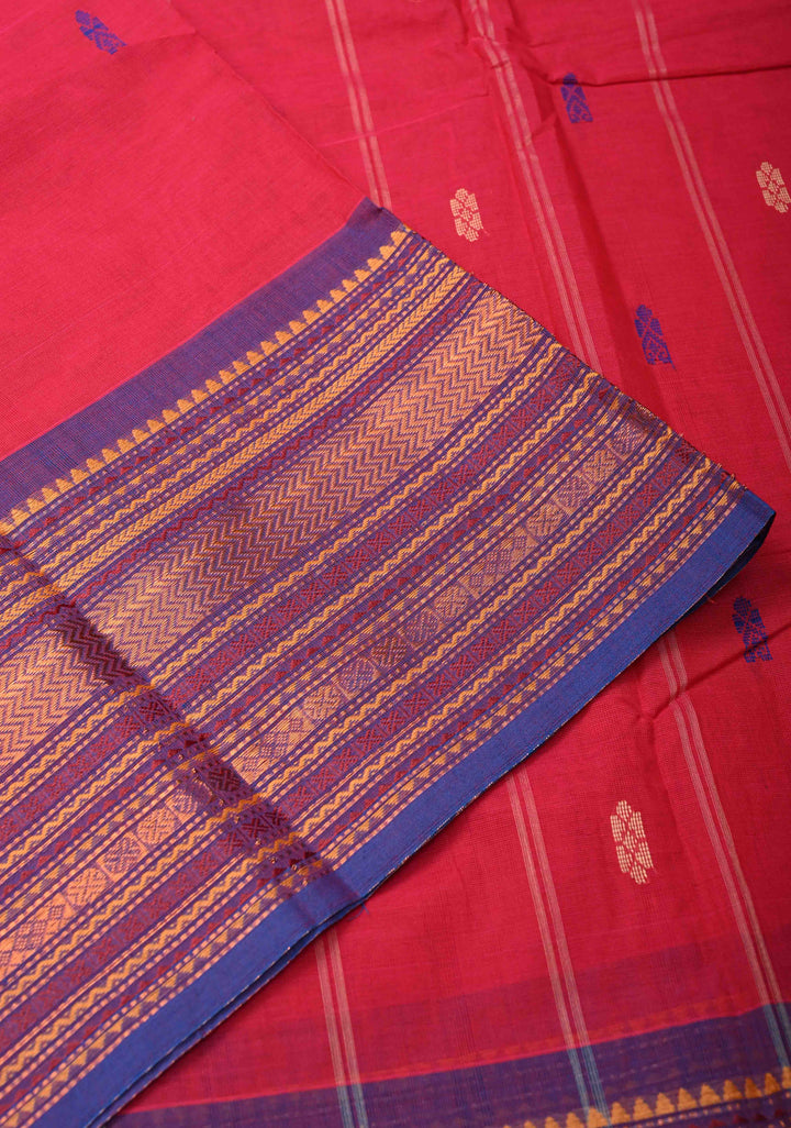 Red Kanchi Cotton Saree with resham butta and contrast zari border