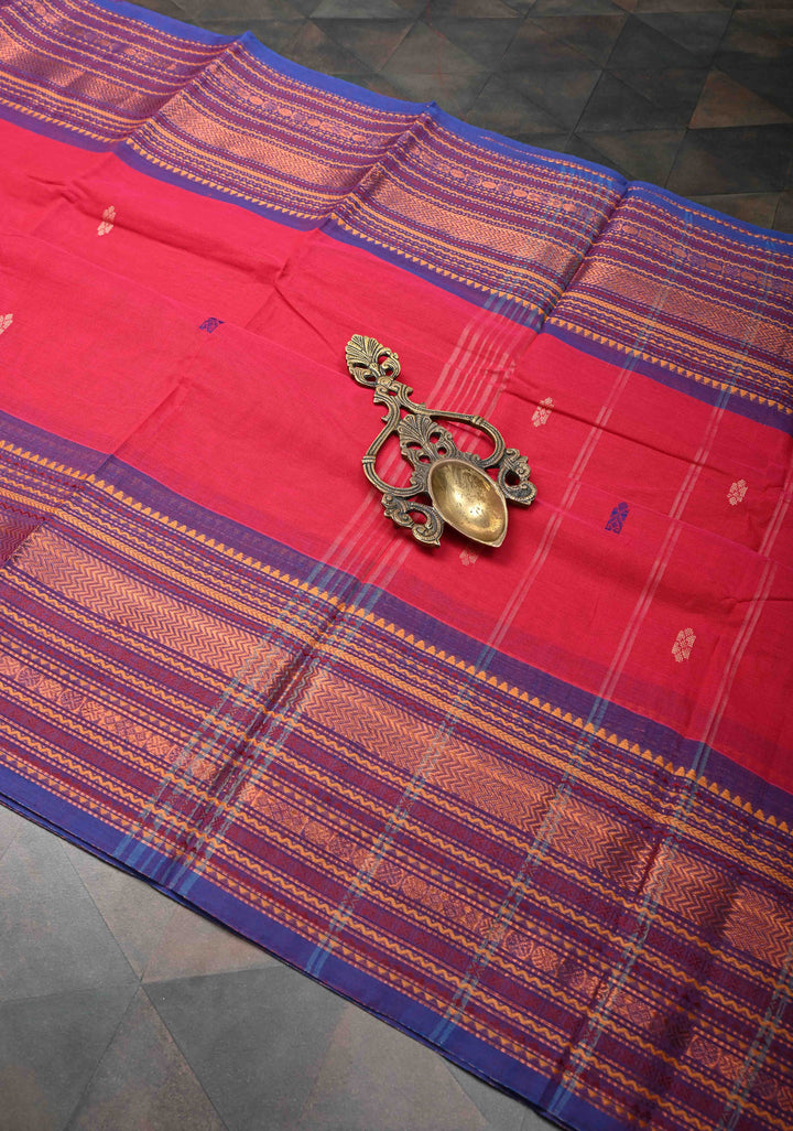 Red Kanchi Cotton Saree with resham butta and contrast zari border