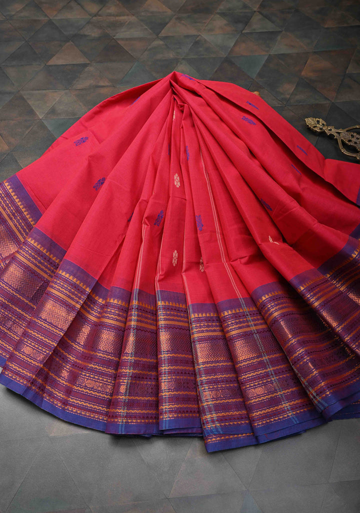 Red Kanchi Cotton Saree with resham butta and contrast zari border