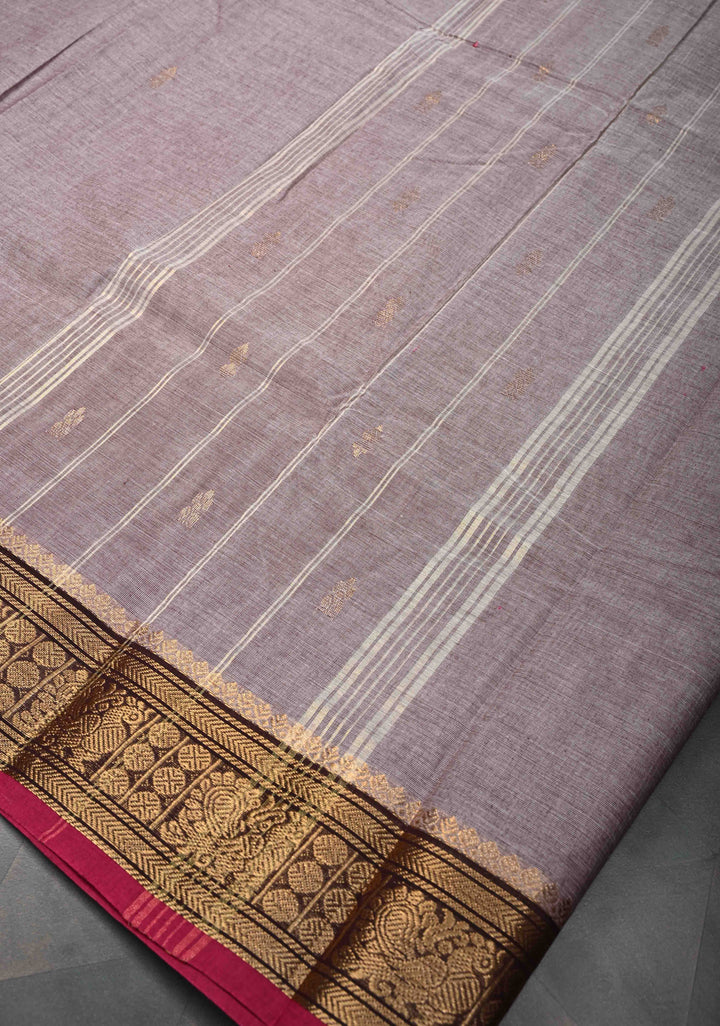 Taupe Brown Kanchi Cotton Saree with Zari Buttas And Contrast Zari Border | No Blouse piece