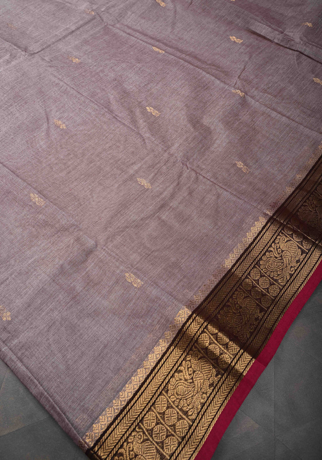 Taupe Brown Kanchi Cotton Saree with Zari Buttas And Contrast Zari Border | No Blouse piece