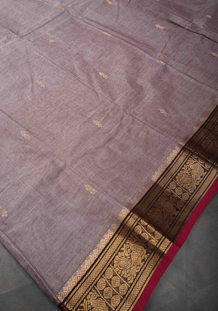 Taupe Brown Kanchi Cotton Saree with Zari Buttas And Contrast Zari Border | No Blouse piece