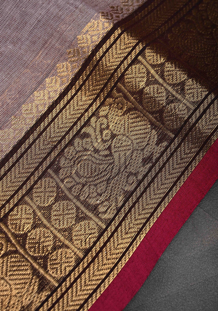 Taupe Brown Kanchi Cotton Saree with Zari Buttas And Contrast Zari Border | No Blouse piece