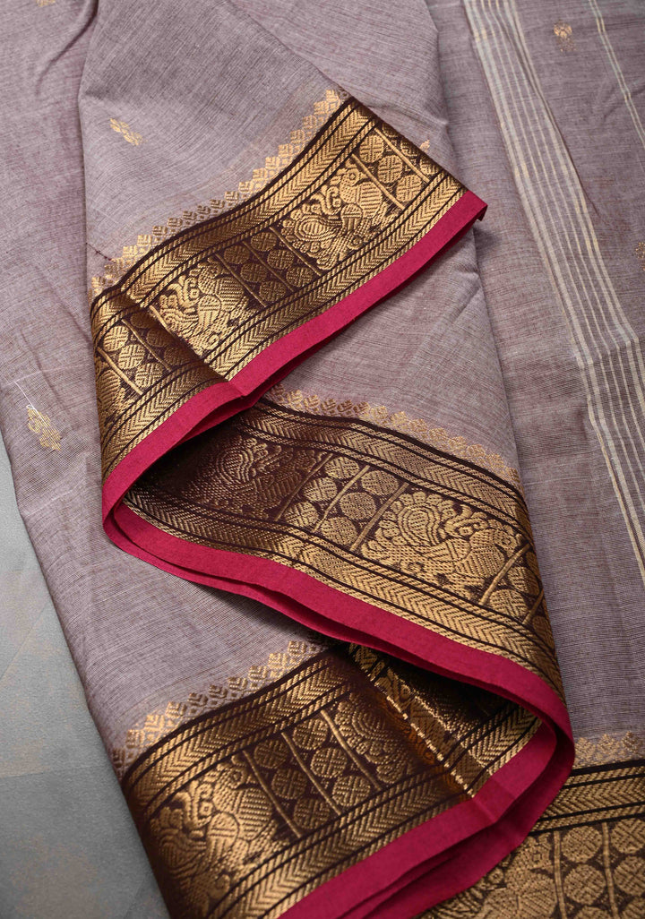 Taupe Brown Kanchi Cotton Saree with Zari Buttas And Contrast Zari Border | No Blouse piece