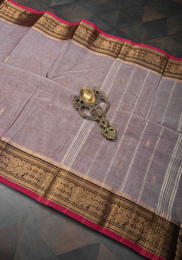 Taupe Brown Kanchi Cotton Saree with Zari Buttas And Contrast Zari Border | No Blouse piece