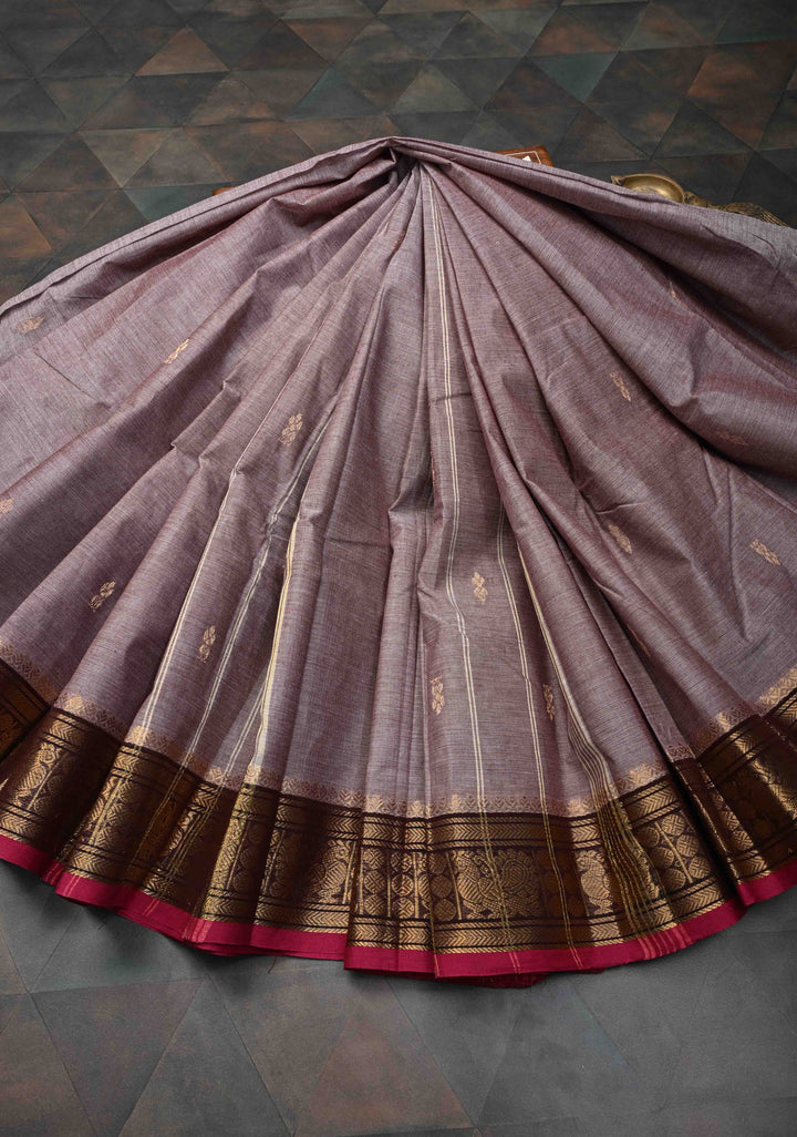 Taupe Brown Kanchi Cotton Saree with Zari Buttas And Contrast Zari Border | No Blouse piece