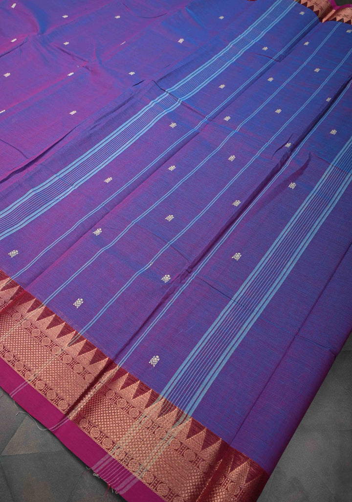 Purple Dual tone Kanchi Cotton Saree with Reham Buttas and Contrast Temple Zari Border, No Blouse piece