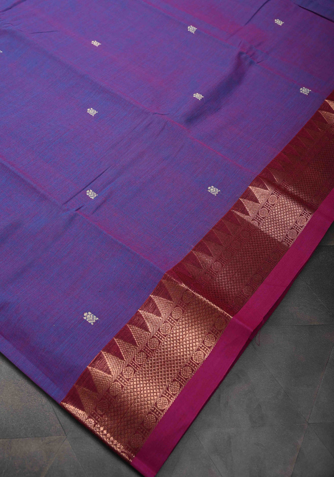 Purple Dual tone Kanchi Cotton Saree with Reham Buttas and Contrast Temple Zari Border, No Blouse piece