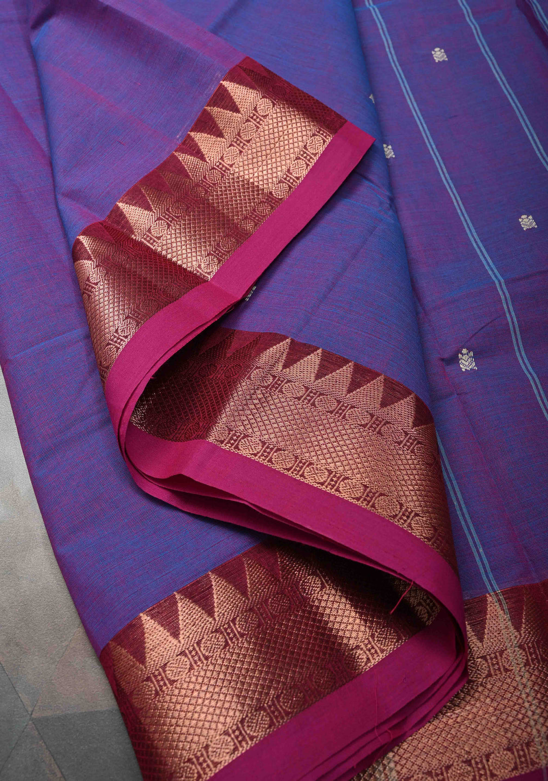 Purple Dual tone Kanchi Cotton Saree with Reham Buttas and Contrast Temple Zari Border, No Blouse piece