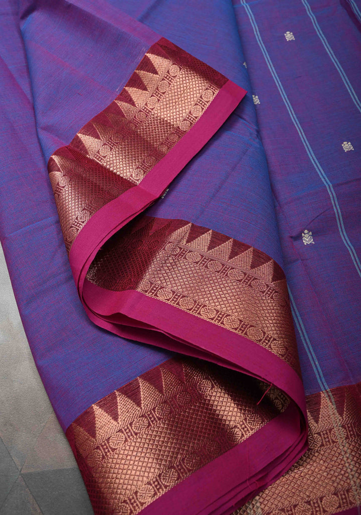 Purple Dual tone Kanchi Cotton Saree with Reham Buttas and Contrast Temple Zari Border, No Blouse piece