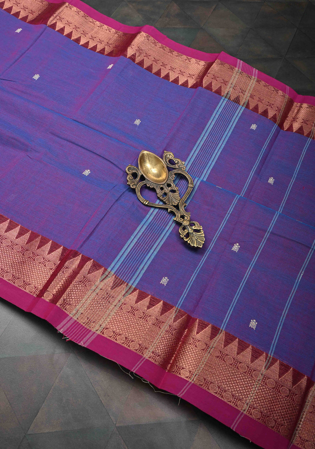 Purple Dual tone Kanchi Cotton Saree with Reham Buttas and Contrast Temple Zari Border, No Blouse piece