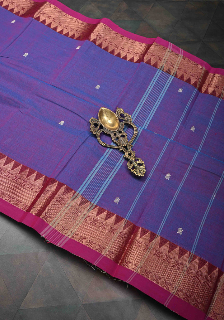 Purple Dual tone Kanchi Cotton Saree with Reham Buttas and Contrast Temple Zari Border, No Blouse piece