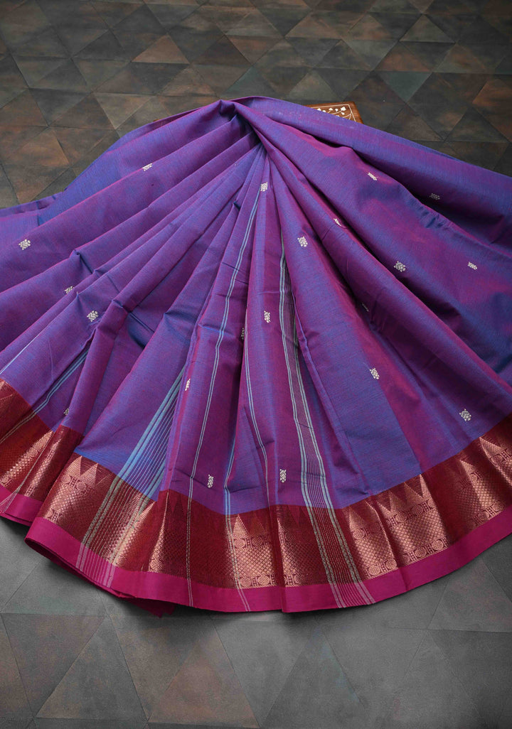 Purple Dual tone Kanchi Cotton Saree with Reham Buttas and Contrast Temple Zari Border, No Blouse piece