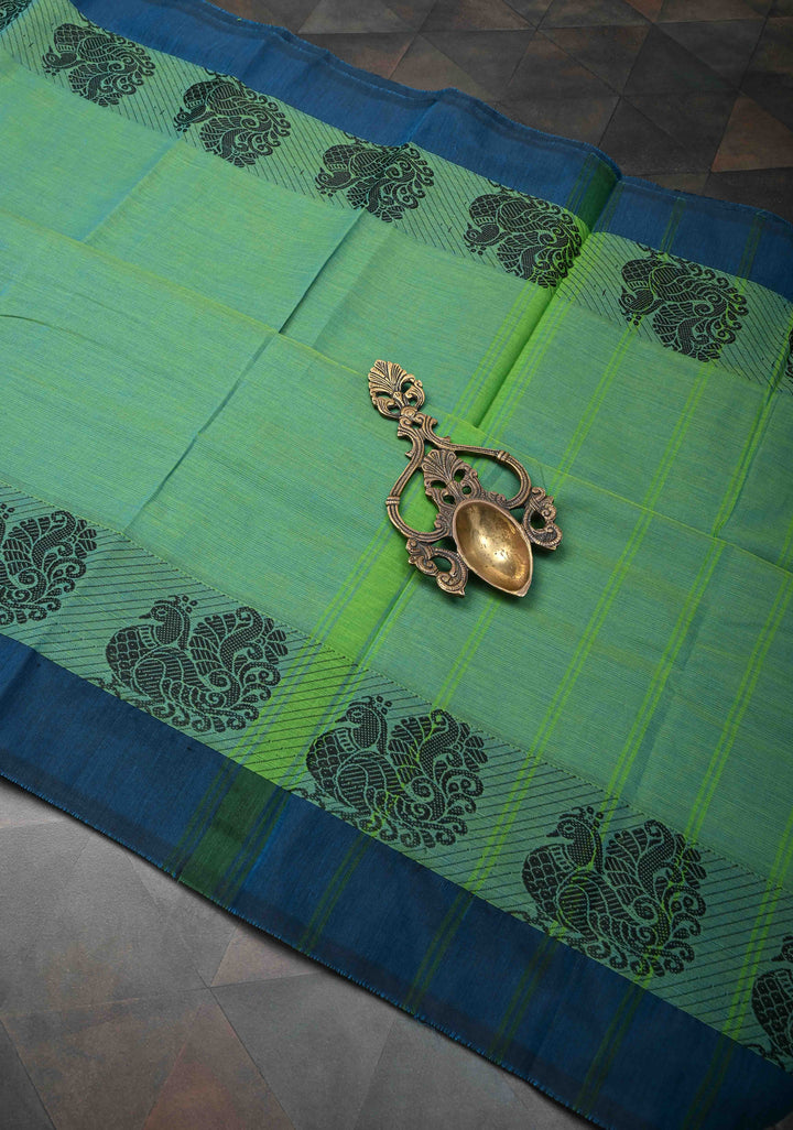 Green Dual Tone Kanchi Cotton Saree with Contrast Distinct Peacock Motifs Border | No Blouse piece