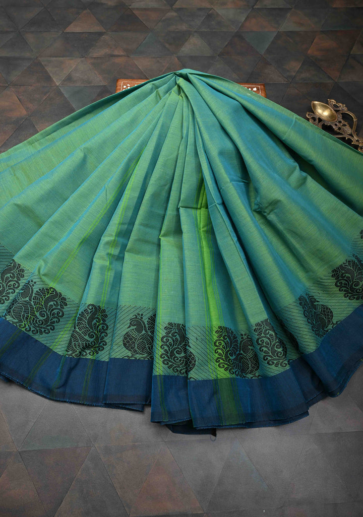 Green Dual Tone Kanchi Cotton Saree with Contrast Distinct Peacock Motifs Border | No Blouse piece