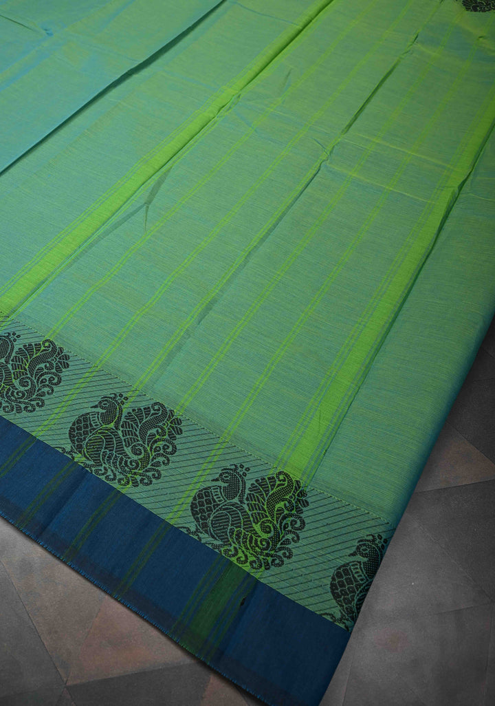 Green Dual Tone Kanchi Cotton Saree with Contrast Distinct Peacock Motifs Border | No Blouse piece