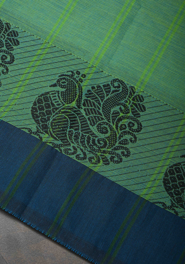 Green Dual Tone Kanchi Cotton Saree with Contrast Distinct Peacock Motifs Border | No Blouse piece