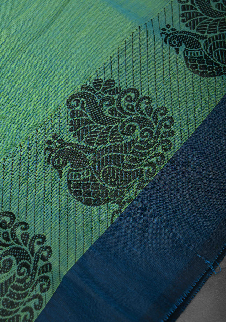 Green Dual Tone Kanchi Cotton Saree with Contrast Distinct Peacock Motifs Border | No Blouse piece