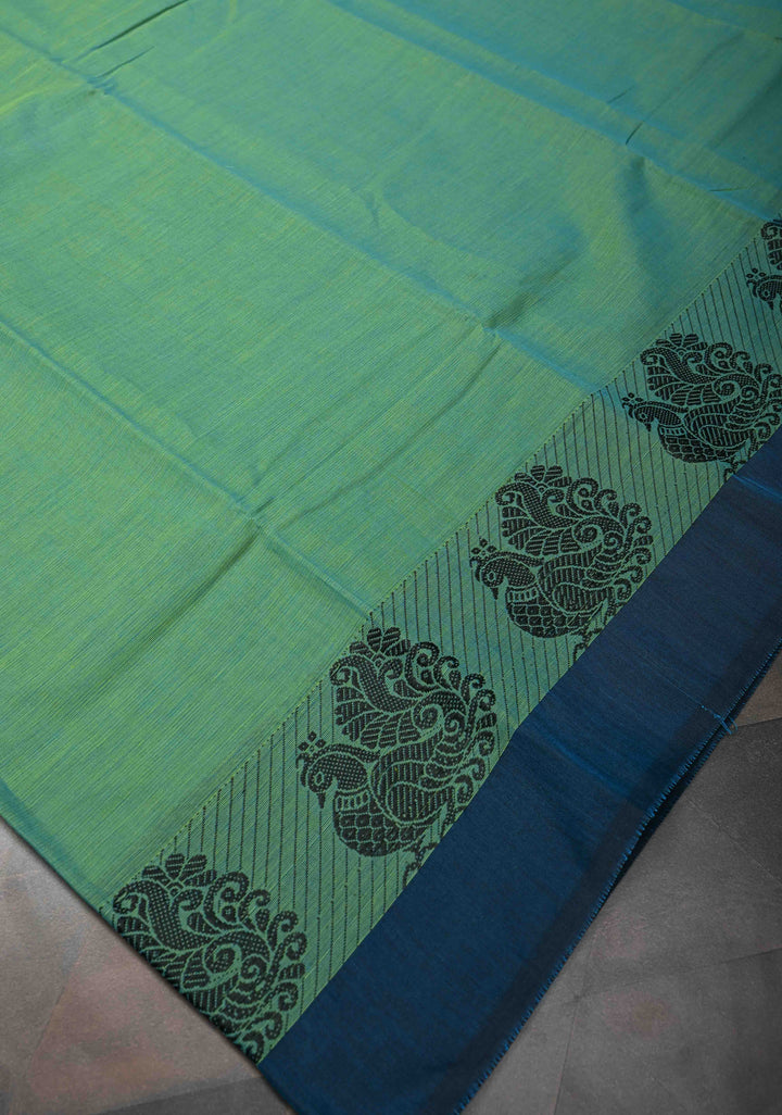 Green Dual Tone Kanchi Cotton Saree with Contrast Distinct Peacock Motifs Border | No Blouse piece