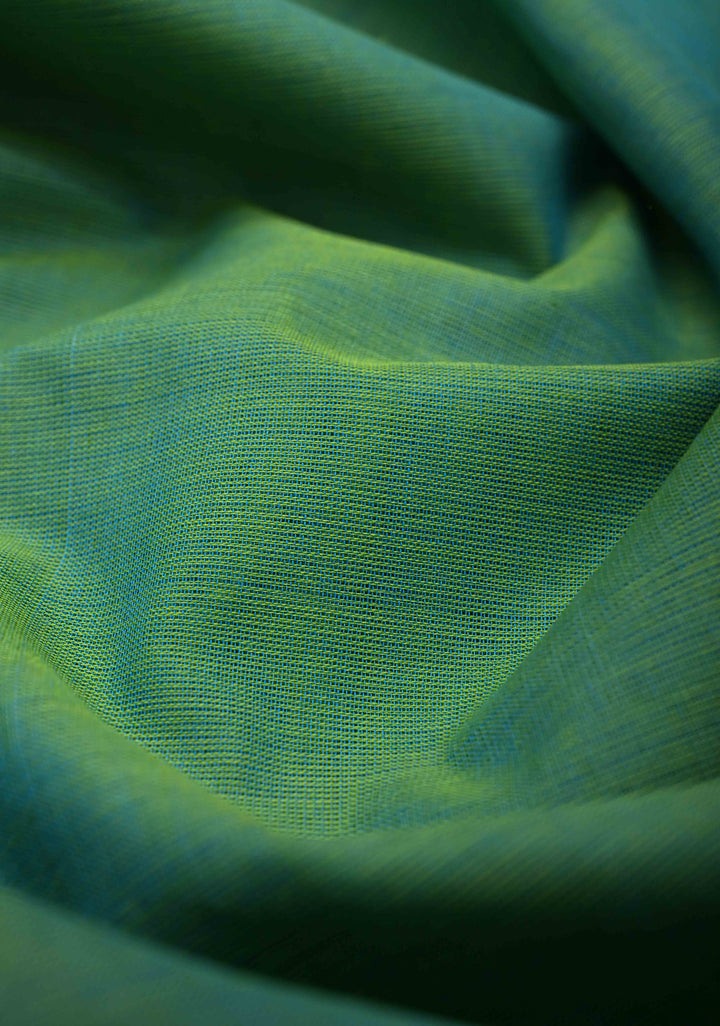 Green Dual Tone Kanchi Cotton Saree with Contrast Distinct Peacock Motifs Border | No Blouse piece