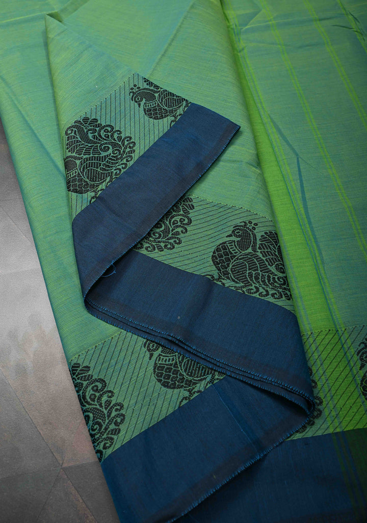 Green Dual Tone Kanchi Cotton Saree with Contrast Distinct Peacock Motifs Border | No Blouse piece