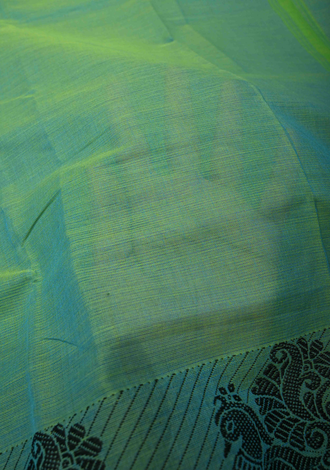 Green Dual Tone Kanchi Cotton Saree with Contrast Distinct Peacock Motifs Border | No Blouse piece