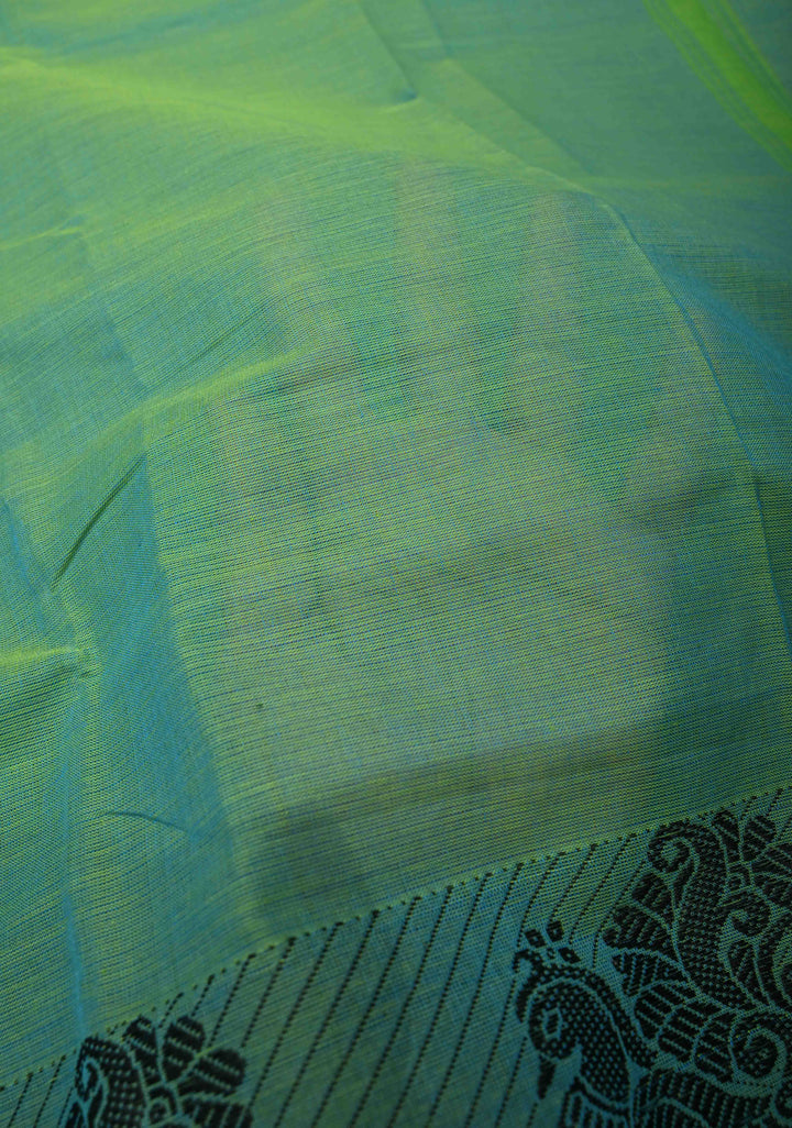 Green Dual Tone Kanchi Cotton Saree with Contrast Distinct Peacock Motifs Border | No Blouse piece