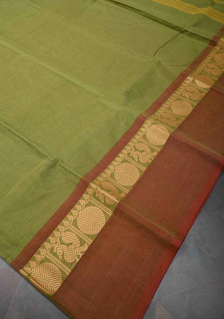 Olive Green Kanchi Cotton Saree with Contrast Resham Border | No Blouse piece