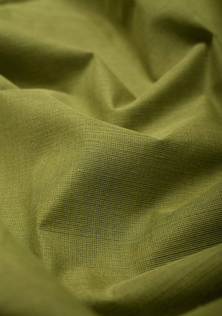 Olive Green Kanchi Cotton Saree with Contrast Resham Border | No Blouse piece