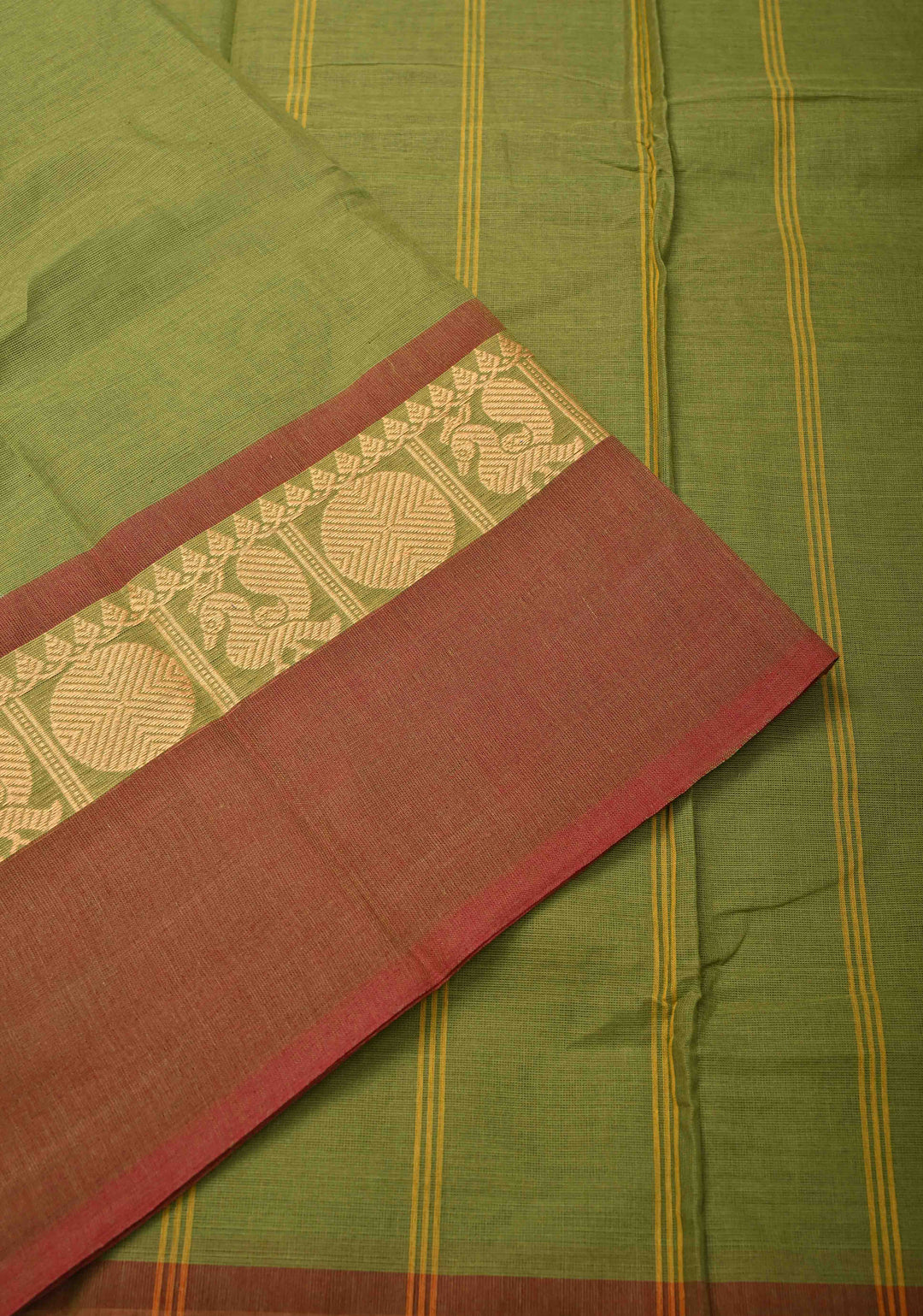Olive Green Kanchi Cotton Saree with Contrast Resham Border | No Blouse piece