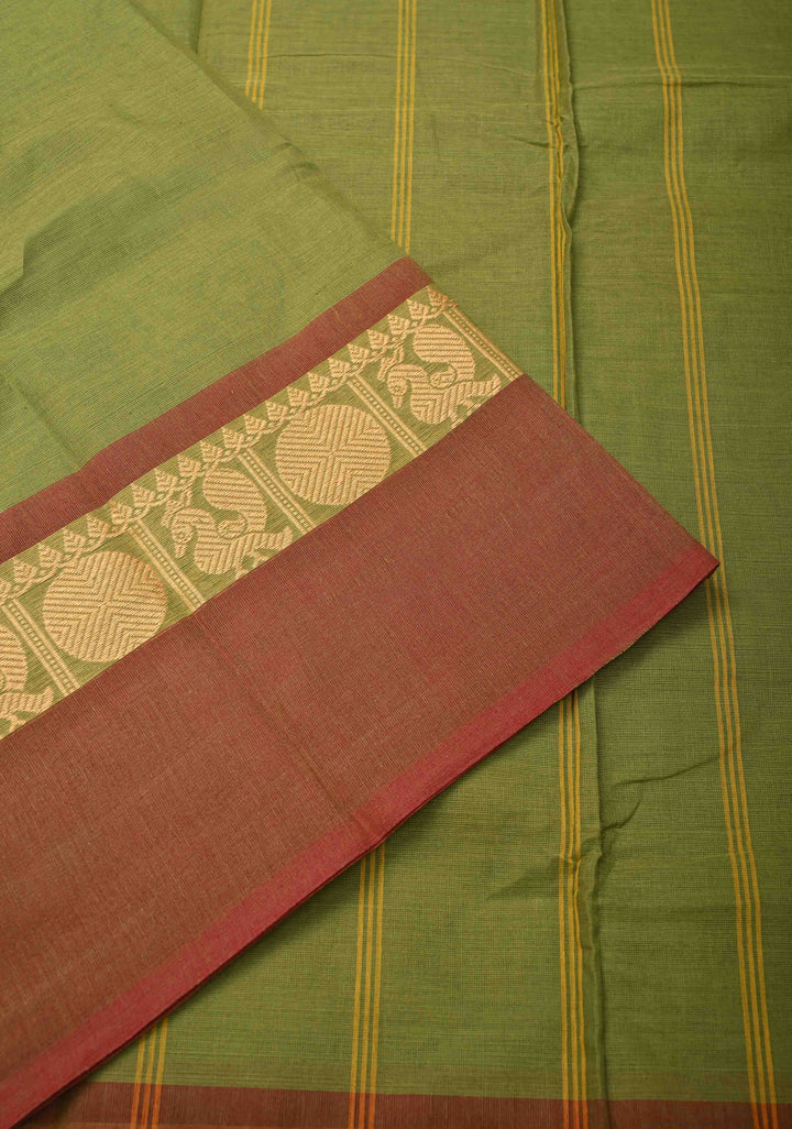 Olive Green Kanchi Cotton Saree with Contrast Resham Border | No Blouse piece
