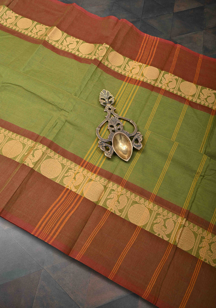 Olive Green Kanchi Cotton Saree with Contrast Resham Border | No Blouse piece