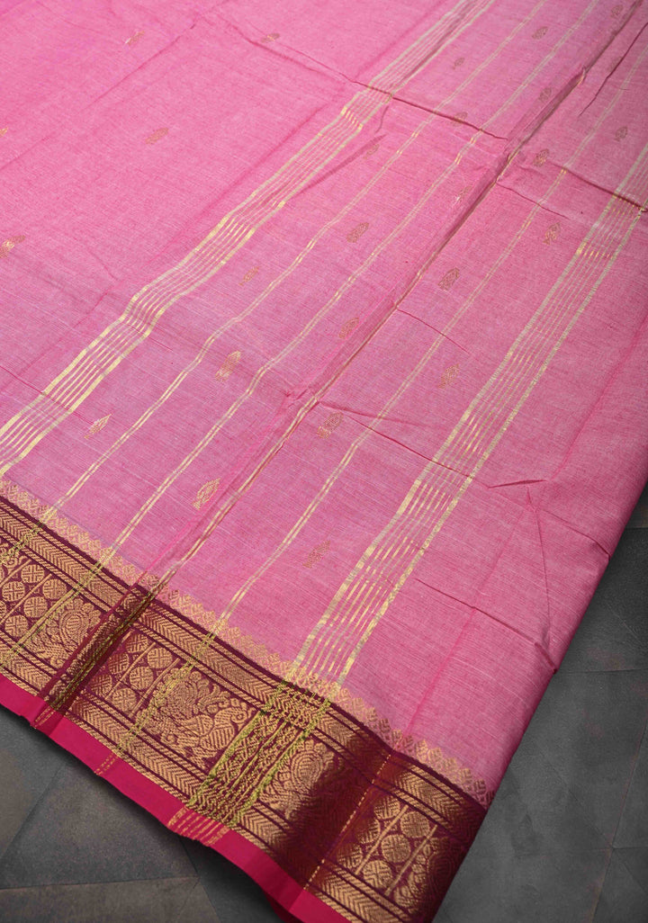 Rose Pink Kanchi Cotton Saree with Zari Buttas and Contrast Zari Border, No Blouse piece
