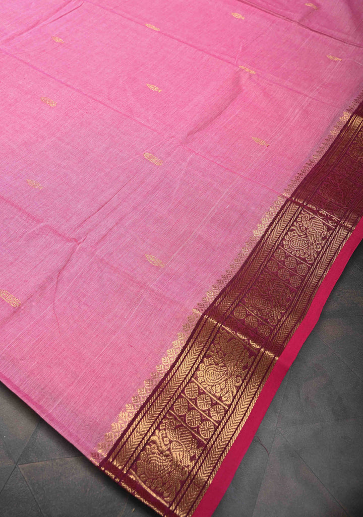 Rose Pink Kanchi Cotton Saree with Zari Buttas and Contrast Zari Border, No Blouse piece
