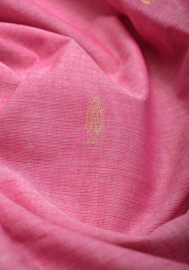 Rose Pink Kanchi Cotton Saree with Zari Buttas and Contrast Zari Border, No Blouse piece