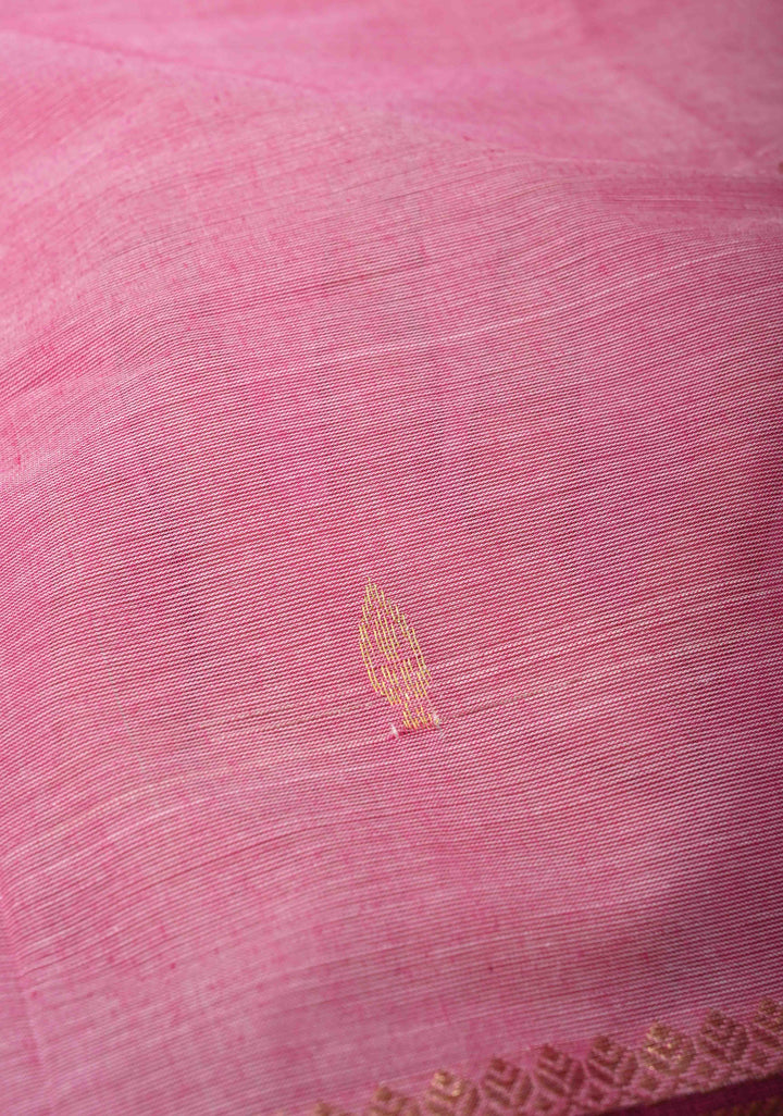 Rose Pink Kanchi Cotton Saree with Zari Buttas and Contrast Zari Border, No Blouse piece